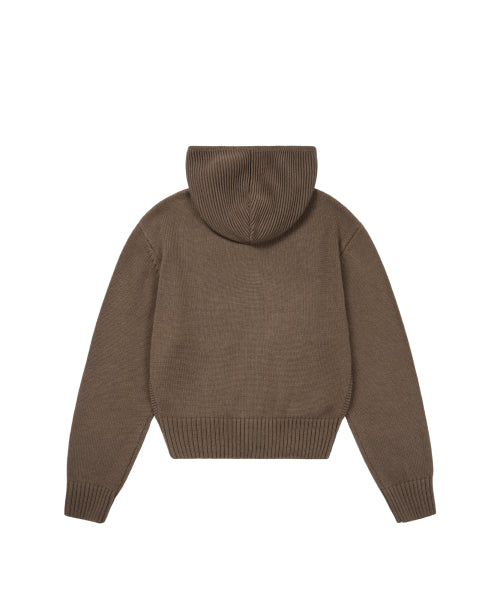 Structure Contrast Knitted Zip-Up Hoodie (Brown)