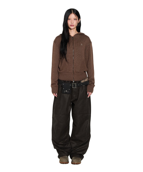 Structure Contrast Knitted Zip-Up Hoodie (Brown)