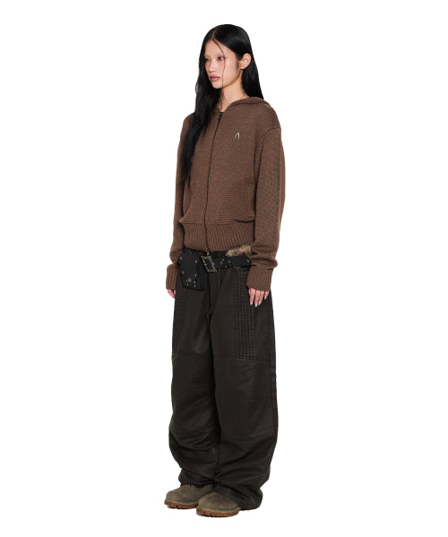 Structure Contrast Knitted Zip-Up Hoodie (Brown)