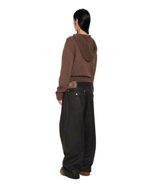 Structure Contrast Knitted Zip-Up Hoodie (Brown)