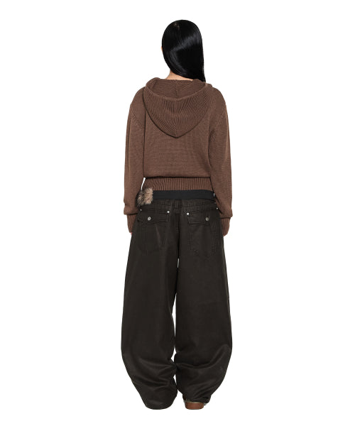 Structure Contrast Knitted Zip-Up Hoodie (Brown)