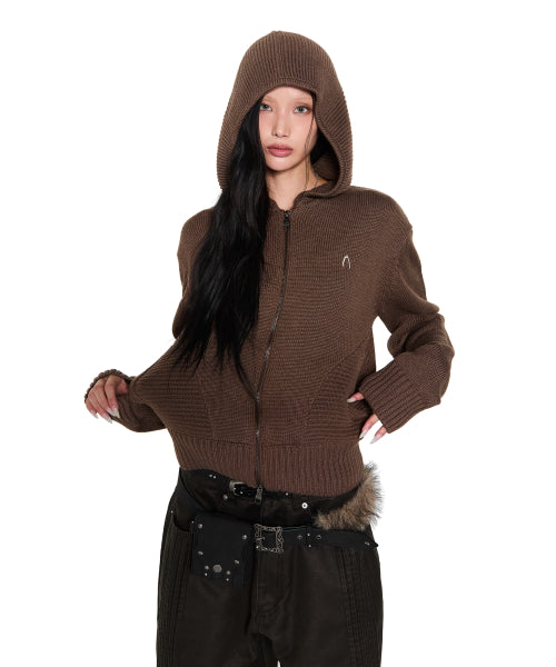 Structure Contrast Knitted Zip-Up Hoodie (Brown)