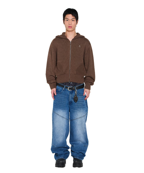 Structure Contrast Knitted Zip-Up Hoodie (Brown)