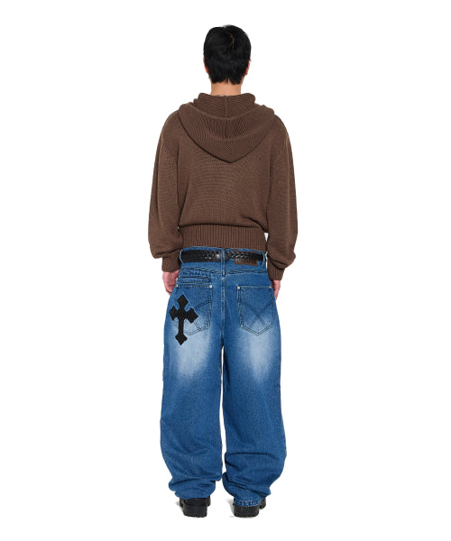 Structure Contrast Knitted Zip-Up Hoodie (Brown)