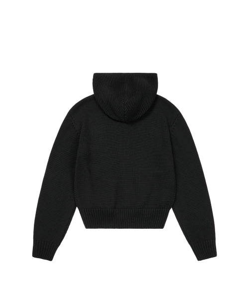 Structure Contrast Knitted Zip-Up Hoodie (Black)