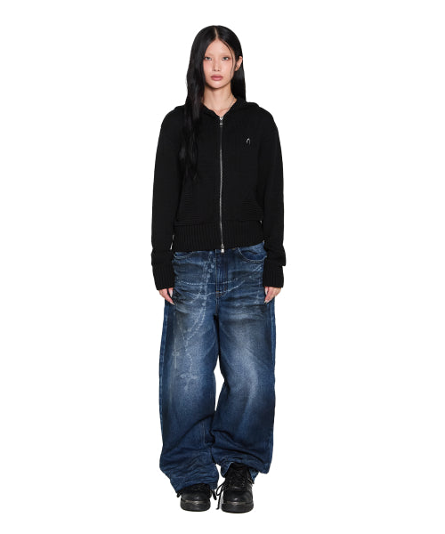 Structure Contrast Knitted Zip-Up Hoodie (Black)