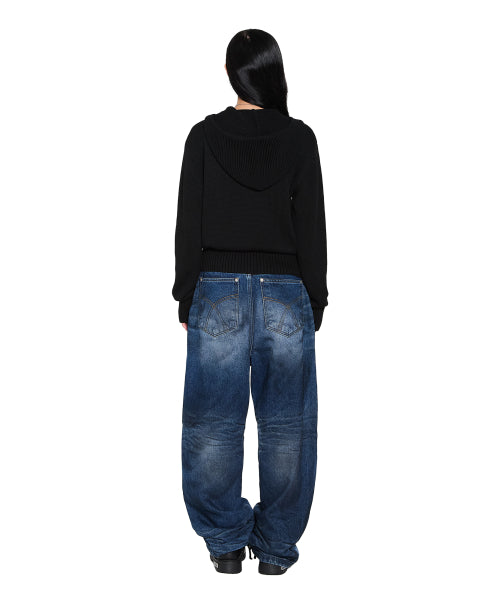Structure Contrast Knitted Zip-Up Hoodie (Black)