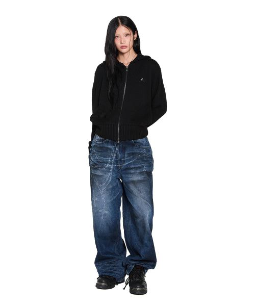 Structure Contrast Knitted Zip-Up Hoodie (Black)