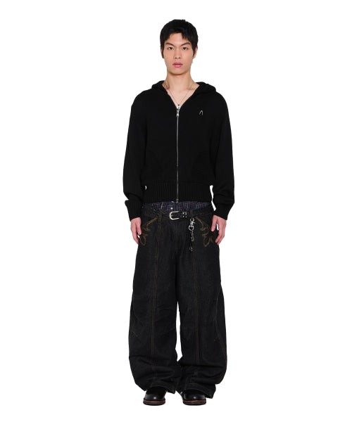 Structure Contrast Knitted Zip-Up Hoodie (Black)