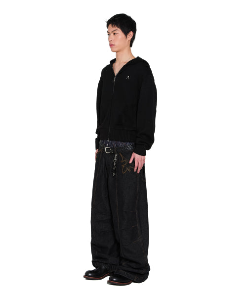 Structure Contrast Knitted Zip-Up Hoodie (Black)