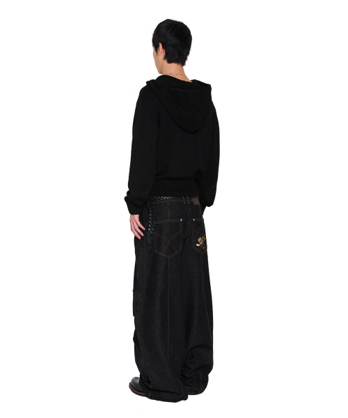 Structure Contrast Knitted Zip-Up Hoodie (Black)