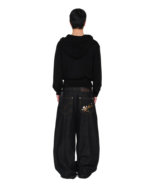 Structure Contrast Knitted Zip-Up Hoodie (Black)