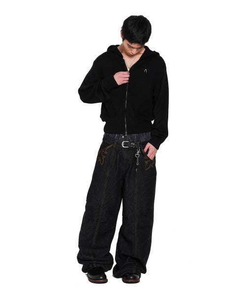 Structure Contrast Knitted Zip-Up Hoodie (Black)