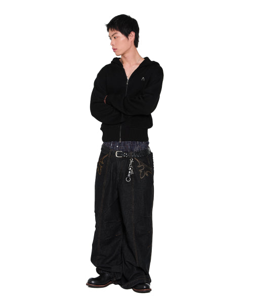 Structure Contrast Knitted Zip-Up Hoodie (Black)