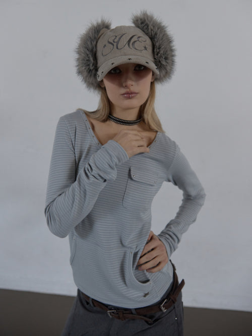 CORDUROY FUR EARFLAP CAP / BEIGE