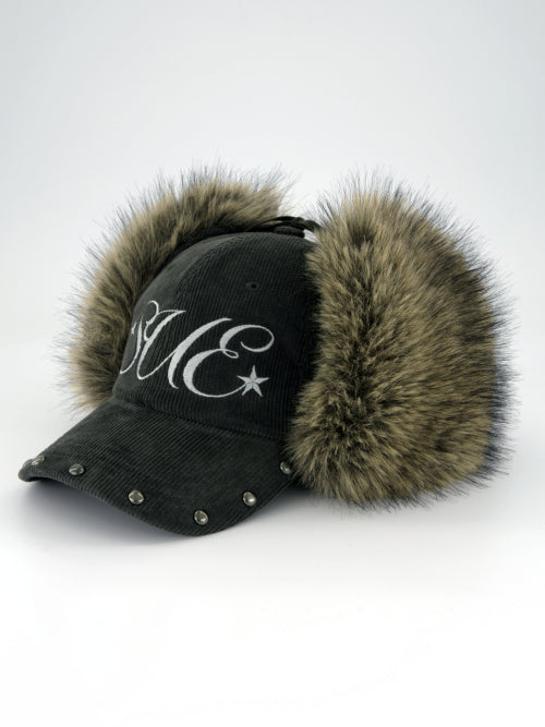 CORDUROY FUR EARFLAP CAP / CHARCOAL