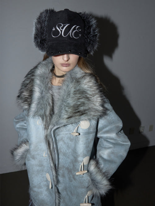 CORDUROY FUR EARFLAP CAP / BLACK