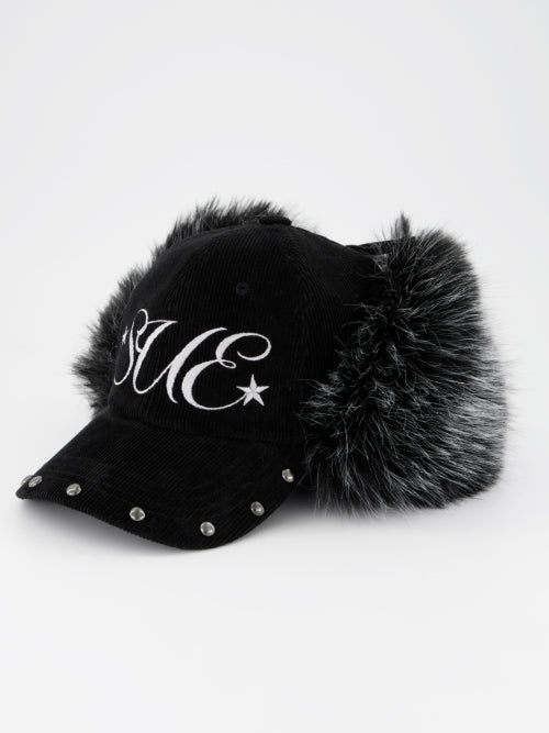CORDUROY FUR EARFLAP CAP / BLACK