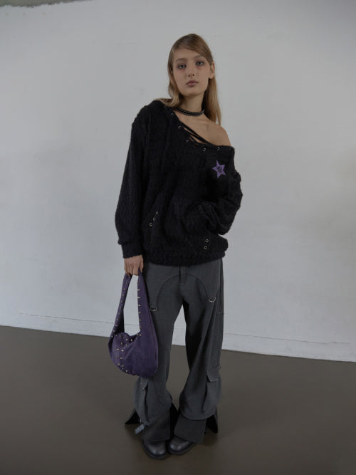 SUEDE STUDDED SHOULDER BAG / PURPLE