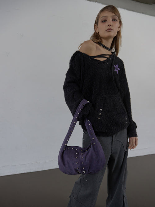 SUEDE STUDDED SHOULDER BAG / PURPLE