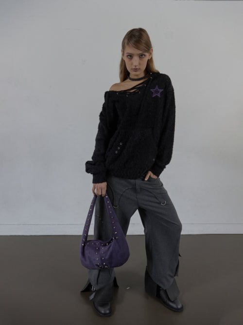SUEDE STUDDED SHOULDER BAG / PURPLE