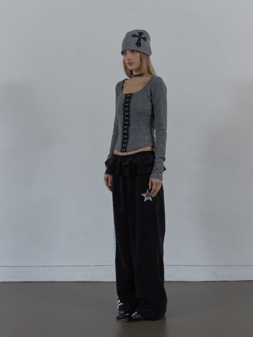 FRILL EYELET SWEATPANTS / BLACK