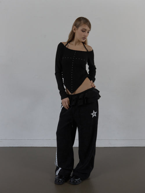FRILL EYELET SWEATPANTS / BLACK