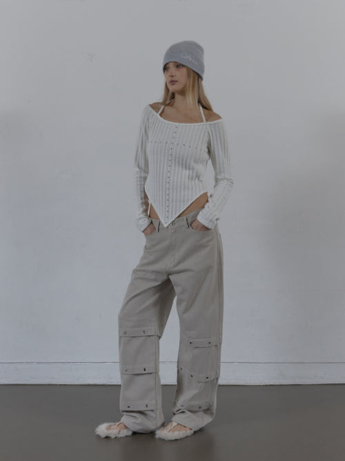 PIN TUCK EYELET PANTS / BEIGE