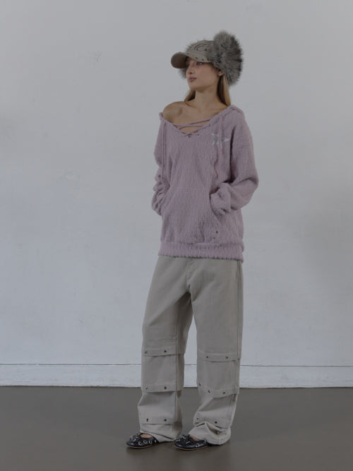 PIN TUCK EYELET PANTS / BEIGE