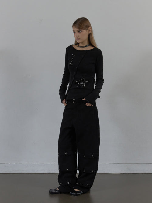 PIN TUCK EYELET PANTS / BLACK