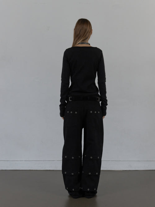 PIN TUCK EYELET PANTS / BLACK