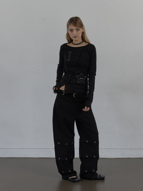 PIN TUCK EYELET PANTS / BLACK