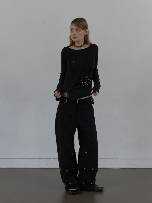 PIN TUCK EYELET PANTS / BLACK