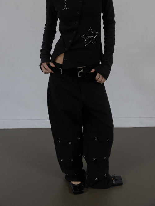PIN TUCK EYELET PANTS / BLACK