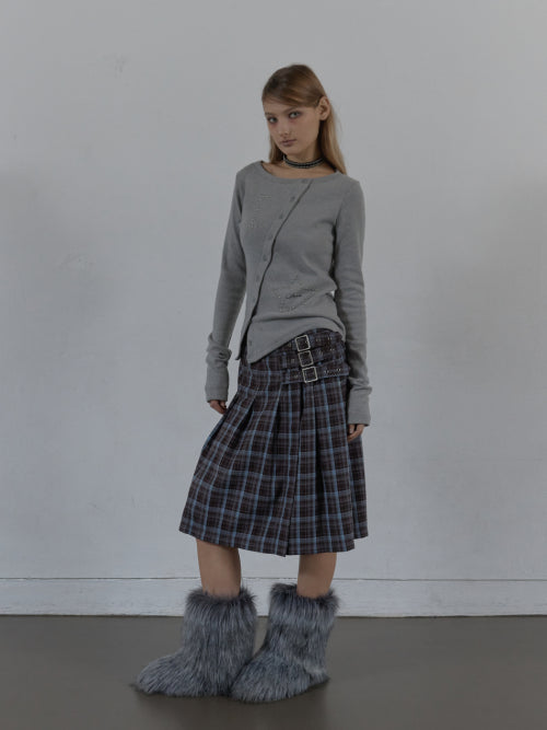 CHECK BUCKLE WRAP SKIRT / BABY BLUE