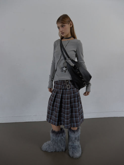 CHECK BUCKLE WRAP SKIRT / BABY BLUE