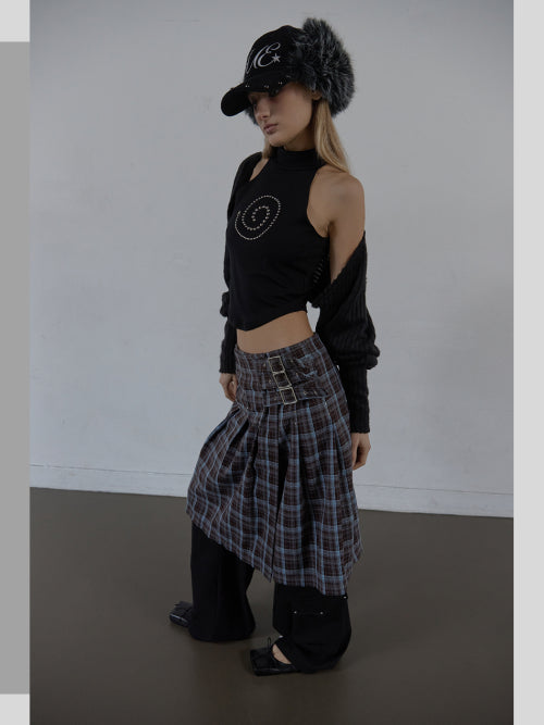 CHECK BUCKLE WRAP SKIRT / BABY BLUE