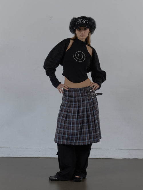 CHECK BUCKLE WRAP SKIRT / BABY BLUE