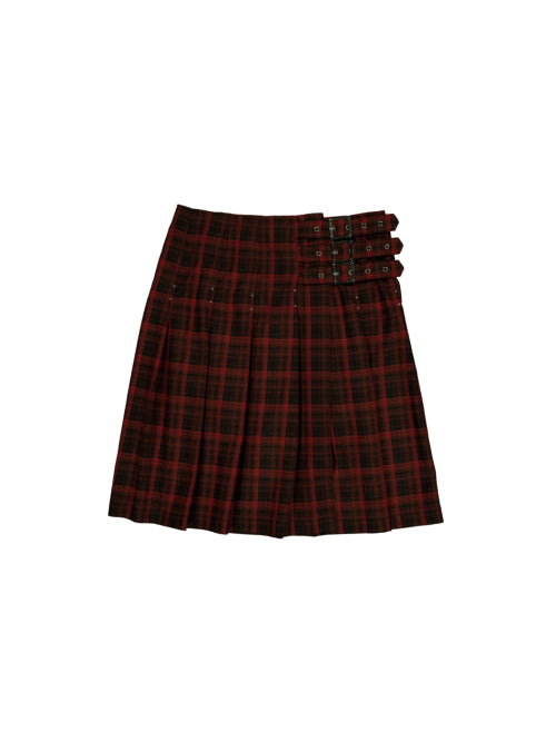 CHECK BUCKLE WRAP SKIRT / RED
