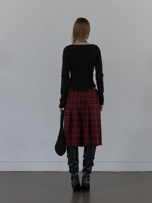 CHECK BUCKLE WRAP SKIRT / RED