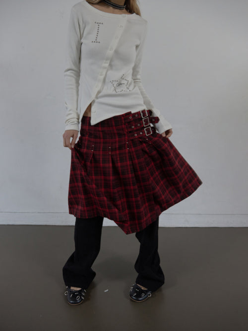 CHECK BUCKLE WRAP SKIRT / RED