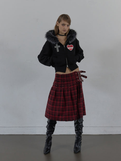 CHECK BUCKLE WRAP SKIRT / RED