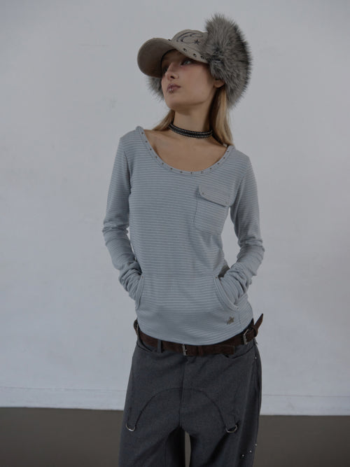 SOFT STRIPE HOODIE TOP / BABY BLUE