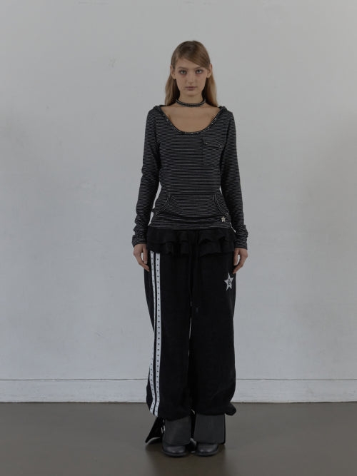 SOFT STRIPE HOODIE TOP / BLACK
