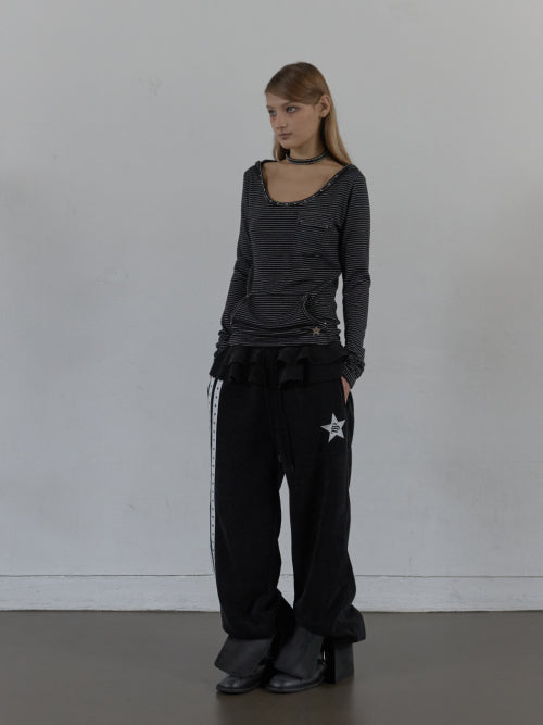 SOFT STRIPE HOODIE TOP / BLACK
