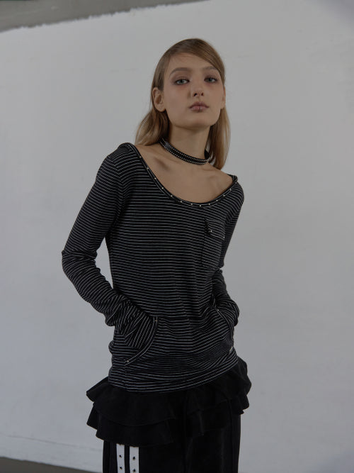 SOFT STRIPE HOODIE TOP / BLACK