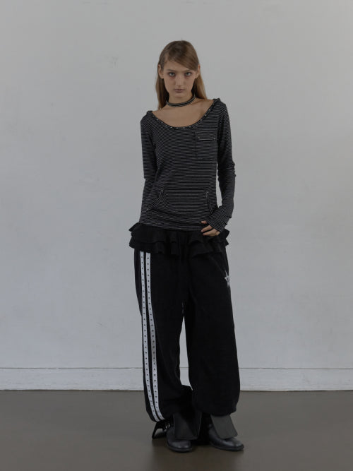 SOFT STRIPE HOODIE TOP / BLACK