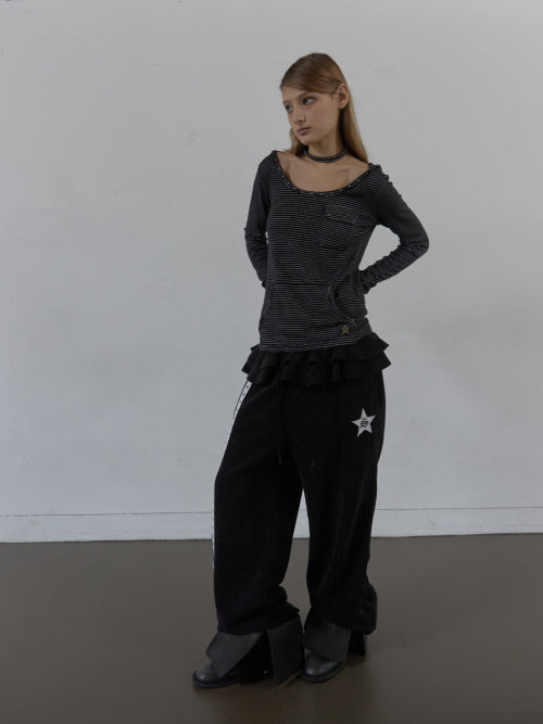 SOFT STRIPE HOODIE TOP / BLACK