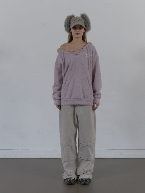 HAIRY V-NECK HOODIE / LILAC