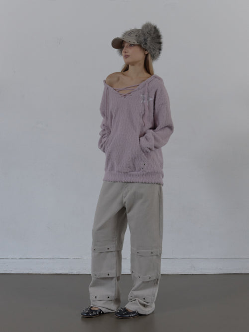 HAIRY V-NECK HOODIE / LILAC